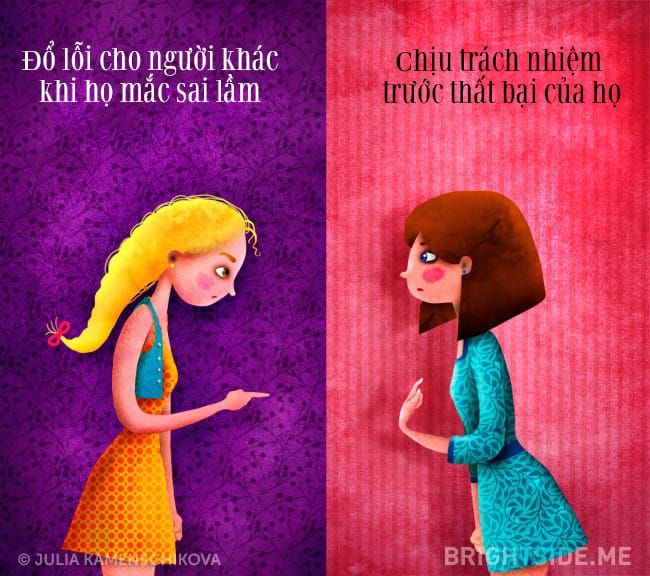 Sau mỗi thất bại, người tiêu cực luôn tìm cách đổ lỗi cho hoàn cảnh hoặc người khác, còn người tích cực lại luôn nhận lỗi về mình để rút kinh nghiệm và tiến bộ hơn