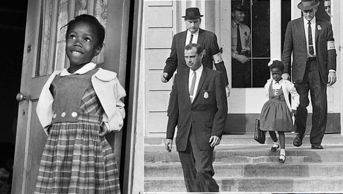 Ruby Bridges được ba cảnh sát to cao da trắng hộ tống đến trường