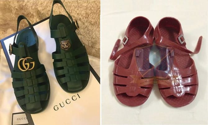 Hình ảnh thực tế từ mẫu sandal cao cấp đặt cạnh mẫu dép nhựa của Việt Nam
