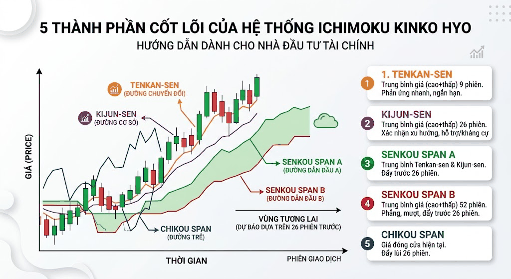 5 thành phần cốt lõi của hệ thống Ichimoku Kinko Hyo: Tenkan-sen, Kijun-sen, Senkou Span A, Senkou Span B và Chikou Span